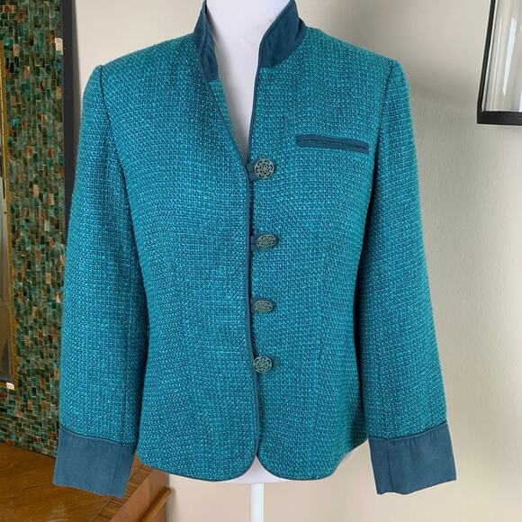 Coldwater Creek Sz 8P Jacket Blazer Teal Blue Tweed Faux Suede Trim Button Front - Picture 2 of 11